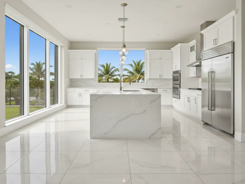 Modern kitchen with porcelain tile flooring